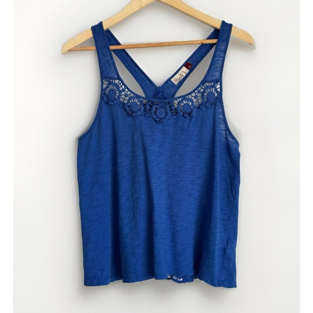 Vintage SO Blue Y2K Crochet Back Crop Tank Top Size Large Boho Festival